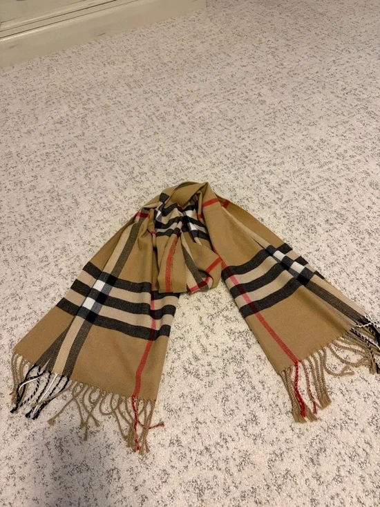 Tan Plaid Fringe Scarf with Classic Check - Picture 2 of 4